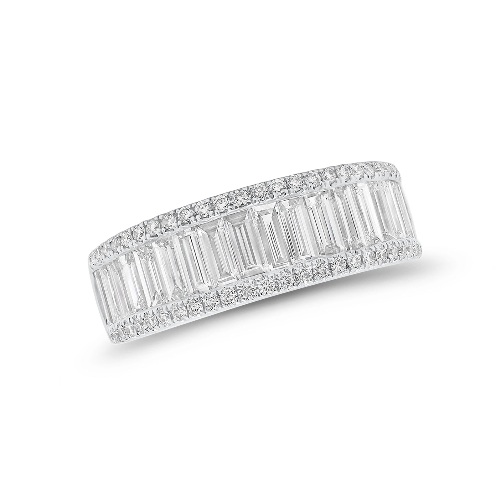 Round Diamond & Baguette Wedding Band -18k white gold weighing 4.84 grams -54 round four prong-set diamonds weighing .26 carats -19 Straight Baguettes weighing 1.38 carats
