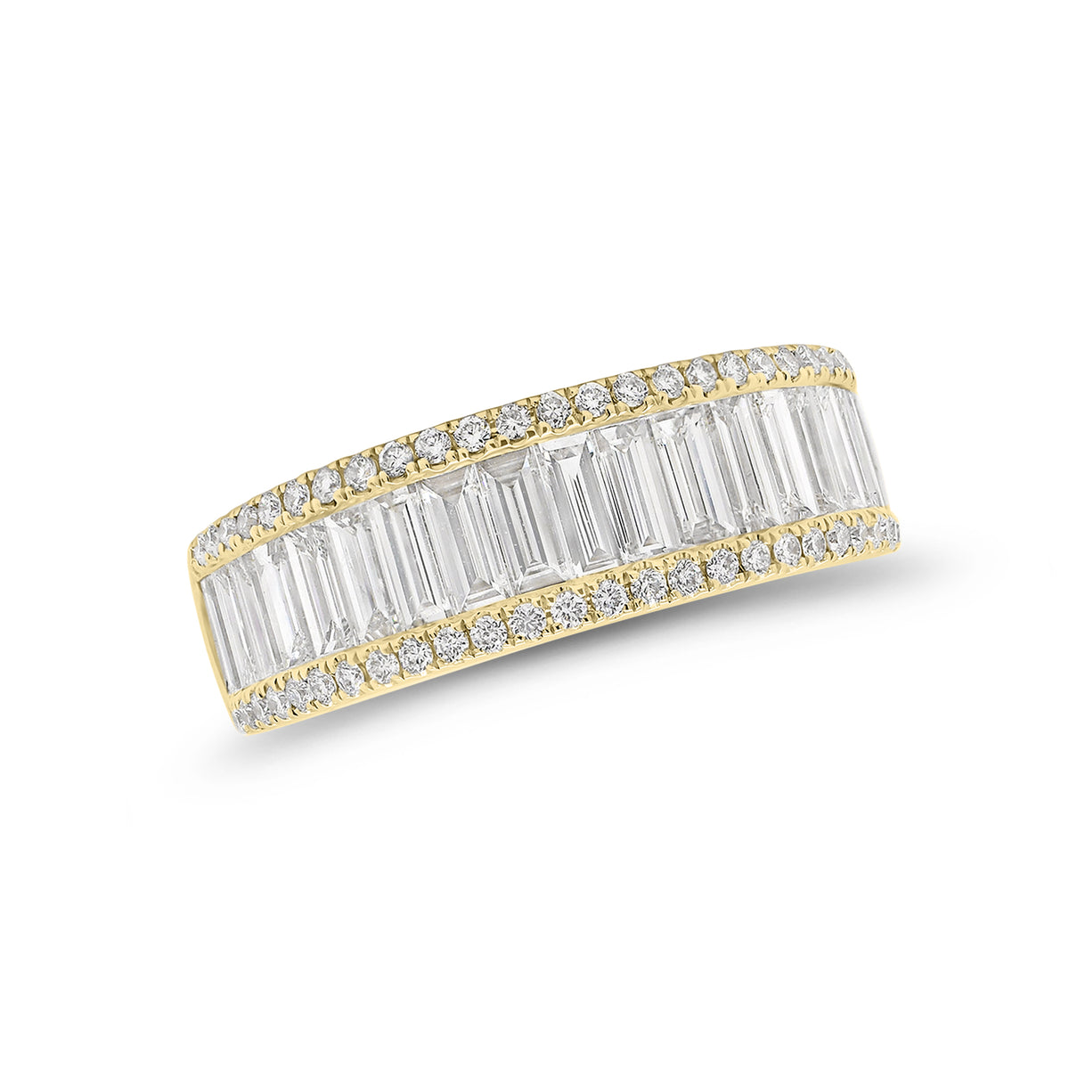 Round Diamond & Baguette Wedding Band -18k yellow gold weighing 4.84 grams -54 round four prong-set diamonds weighing .26 carats -19 Straight Baguettes weighing 1.38 carats