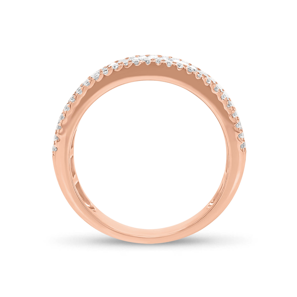 Round Diamond & Baguette Wedding Band -18k rose gold weighing 4.84 grams -54 round four prong-set diamonds weighing .26 carats -19 Straight Baguettes weighing 1.38 carats