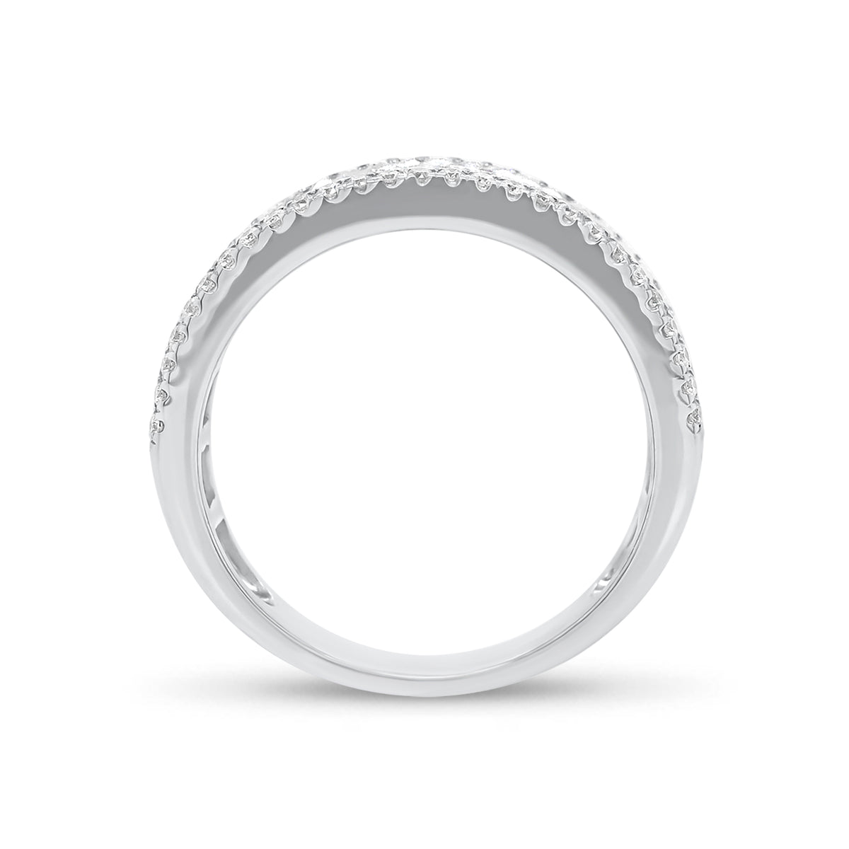 Round Diamond & Baguette Wedding Band -18k white gold weighing 4.84 grams -54 round four prong-set diamonds weighing .26 carats -19 Straight Baguettes weighing 1.38 carats