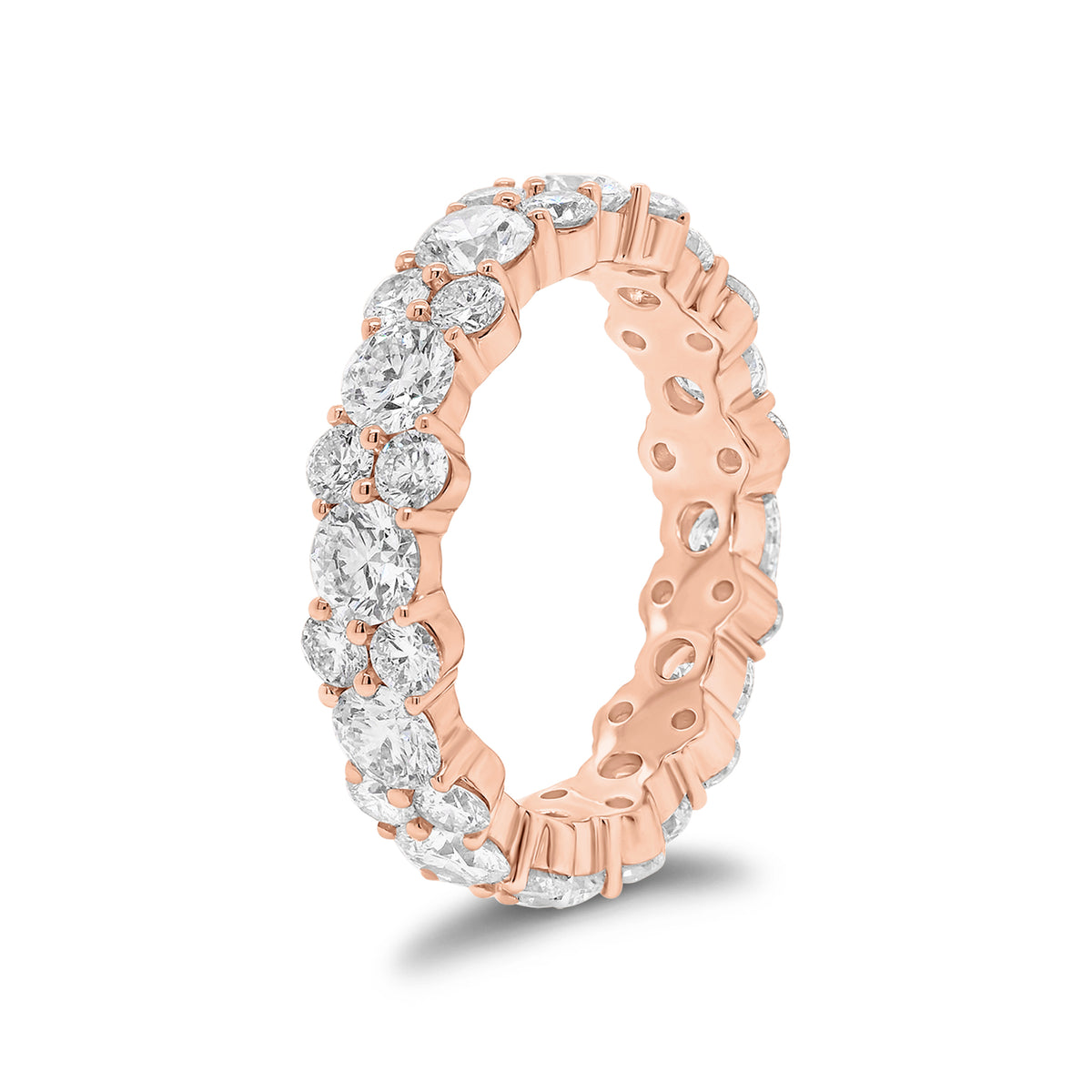 Staggered Diamond Eternity Band -18k rose gold weighing 4.14 grams -12 round diamonds weighing 2.40 carats -24 round diamonds weighing 1.38 carats