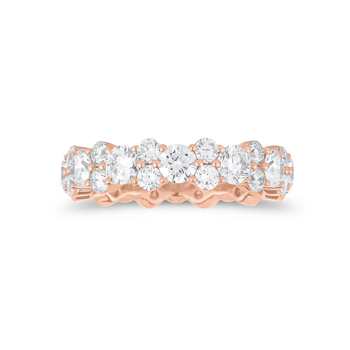 Staggered Diamond Eternity Band -18k rose gold weighing 4.14 grams -12 round diamonds weighing 2.40 carats -24 round diamonds weighing 1.38 carats