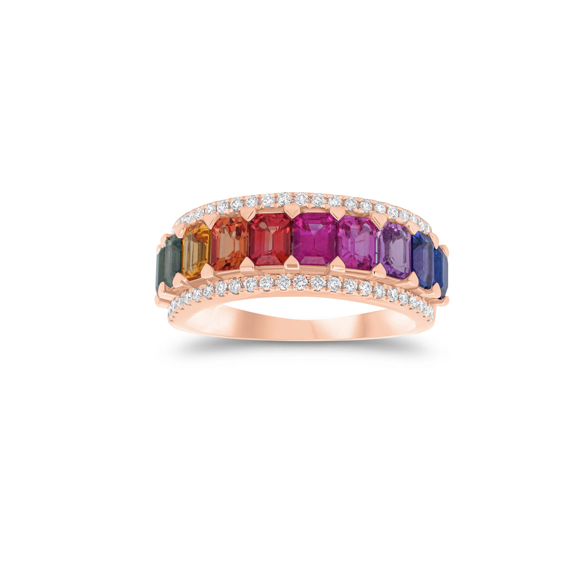 Rainbow Emerald-Cut Sapphire Ring - 18K gold weighing 7.93 grams - 10 emerald-cut sapphires weighing 2.60 carats - 48 round diamonds weighing 0.26 carats