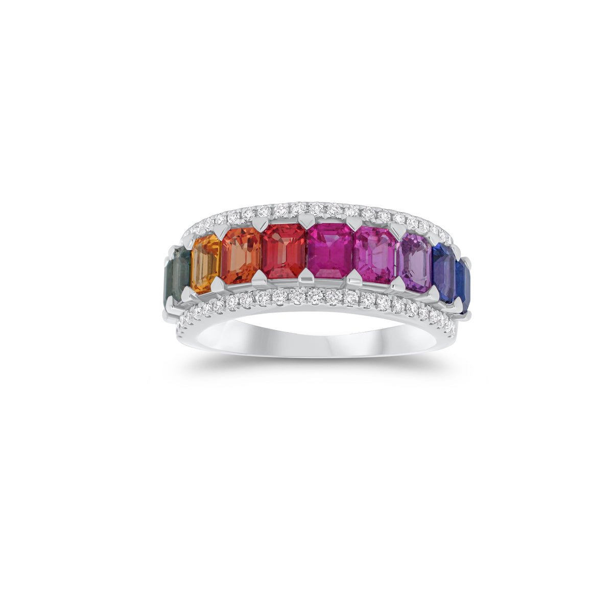 Rainbow Emerald-Cut Sapphire Ring - 18K gold weighing 7.93 grams - 10 emerald-cut sapphires weighing 2.60 carats - 48 round diamonds weighing 0.26 carats