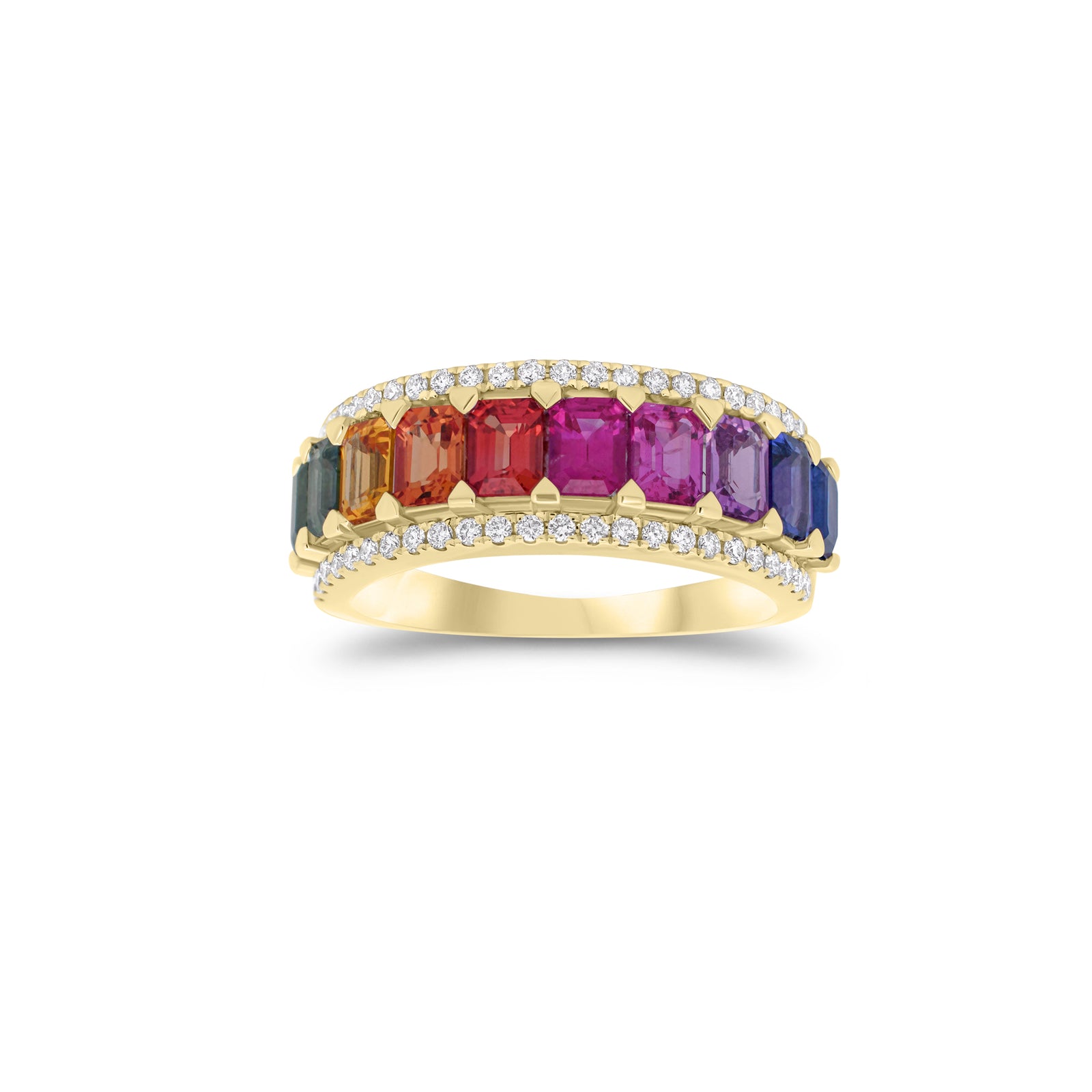 Rainbow Emerald-Cut Sapphire Ring - 18K gold weighing 7.93 grams - 10 emerald-cut sapphires weighing 2.60 carats - 48 round diamonds weighing 0.26 carats