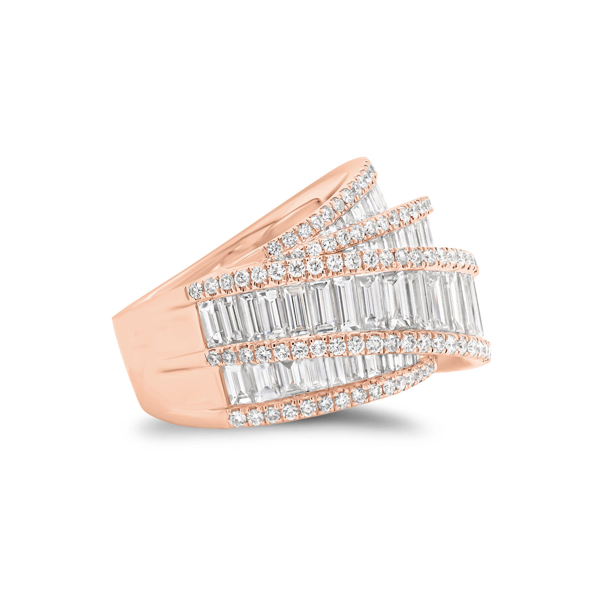 Baguette & Round Diamond Crossover Cocktail Ring - 18K gold weighing 11.73 grams - 121 round diamonds weighing 0.65 carats - 61 slim baguettes weighing 2.90 carats