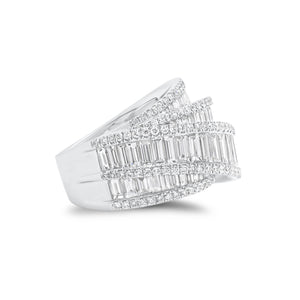 Baguette & Round Diamond Crossover Cocktail Ring - 18K gold weighing 11.73 grams - 121 round diamonds weighing 0.65 carats - 61 slim baguettes weighing 2.90 carats