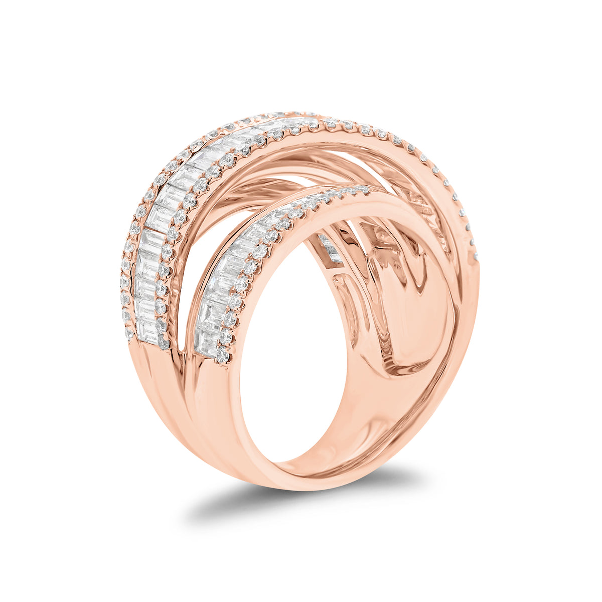 Baguette & Round Diamond Crossover Cocktail Ring - 18K gold weighing 11.73 grams - 121 round diamonds weighing 0.65 carats - 61 slim baguettes weighing 2.90 carats