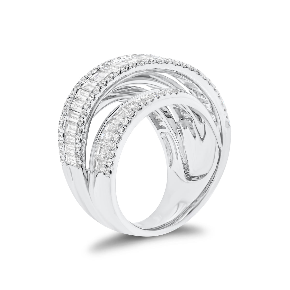 Baguette & Round Diamond Crossover Cocktail Ring - 18K gold weighing 11.73 grams - 121 round diamonds weighing 0.65 carats - 61 slim baguettes weighing 2.90 carats