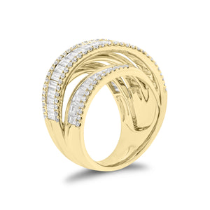 Baguette & Round Diamond Crossover Cocktail Ring - 18K gold weighing 11.73 grams - 121 round diamonds weighing 0.65 carats - 61 slim baguettes weighing 2.90 carats