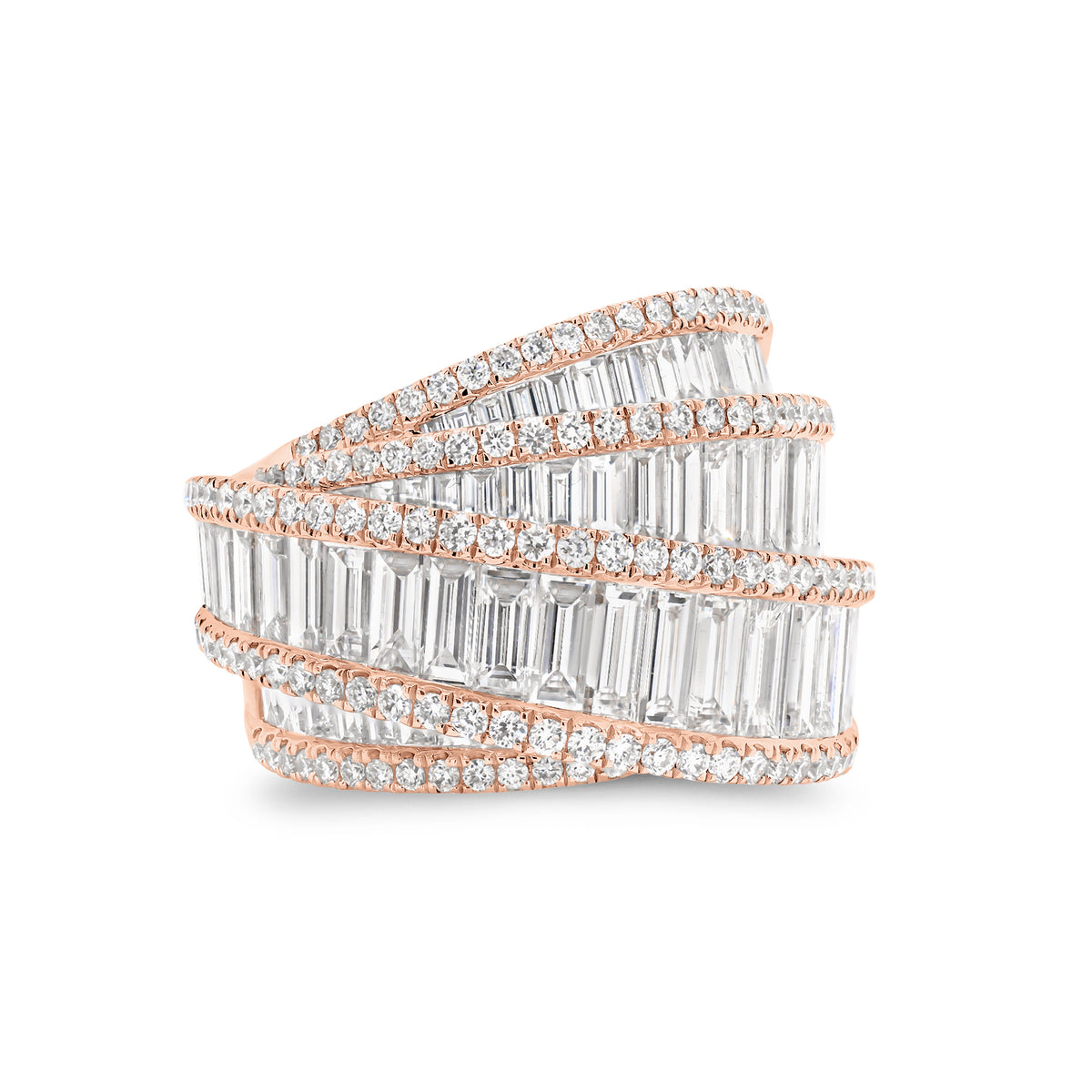 Baguette & Round Diamond Crossover Cocktail Ring - 18K gold weighing 11.73 grams - 121 round diamonds weighing 0.65 carats - 61 slim baguettes weighing 2.90 carats