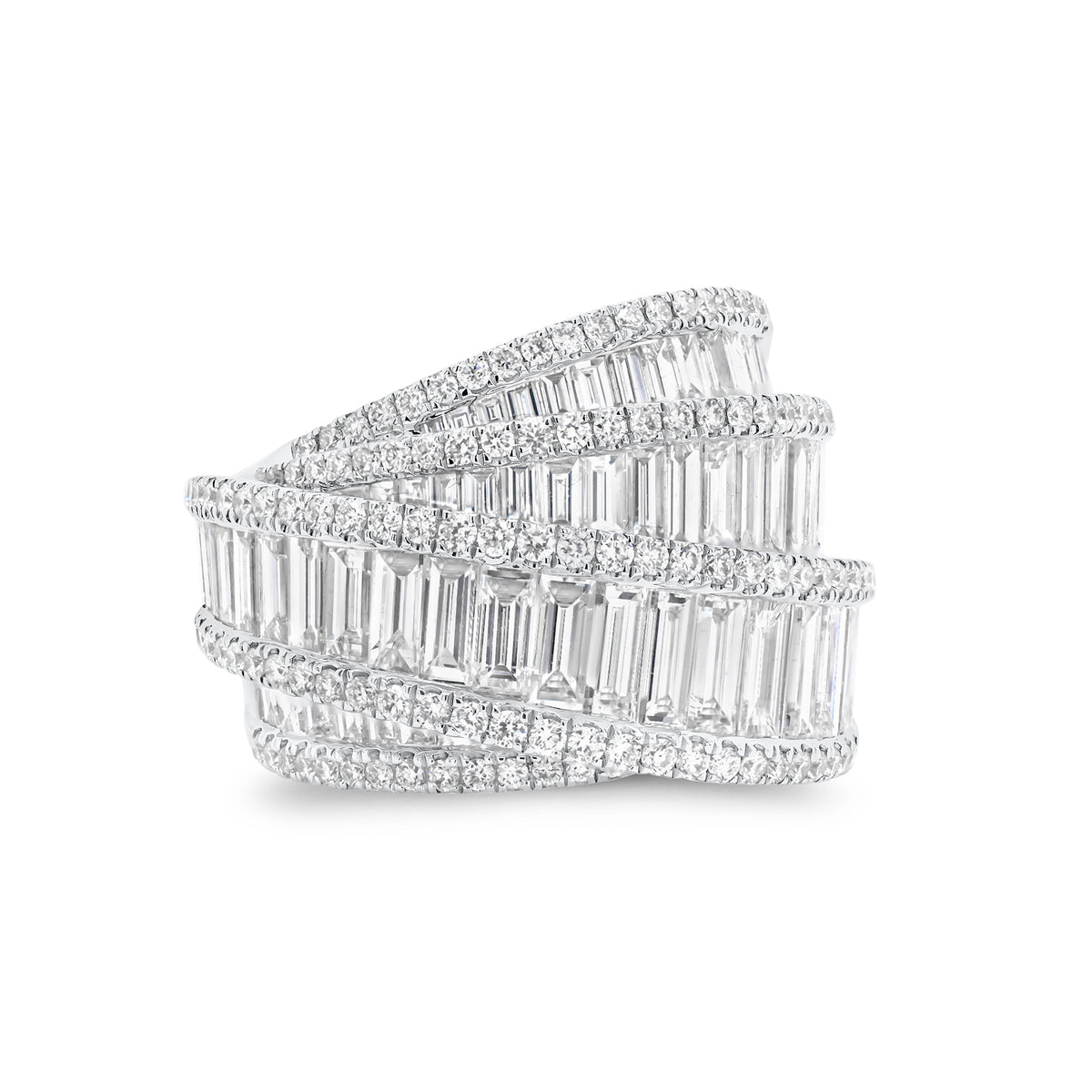 Baguette & Round Diamond Crossover Cocktail Ring - 18K gold weighing 11.73 grams  - 121 round diamonds weighing 0.65 carats  - 61 slim baguettes weighing 2.90 carats