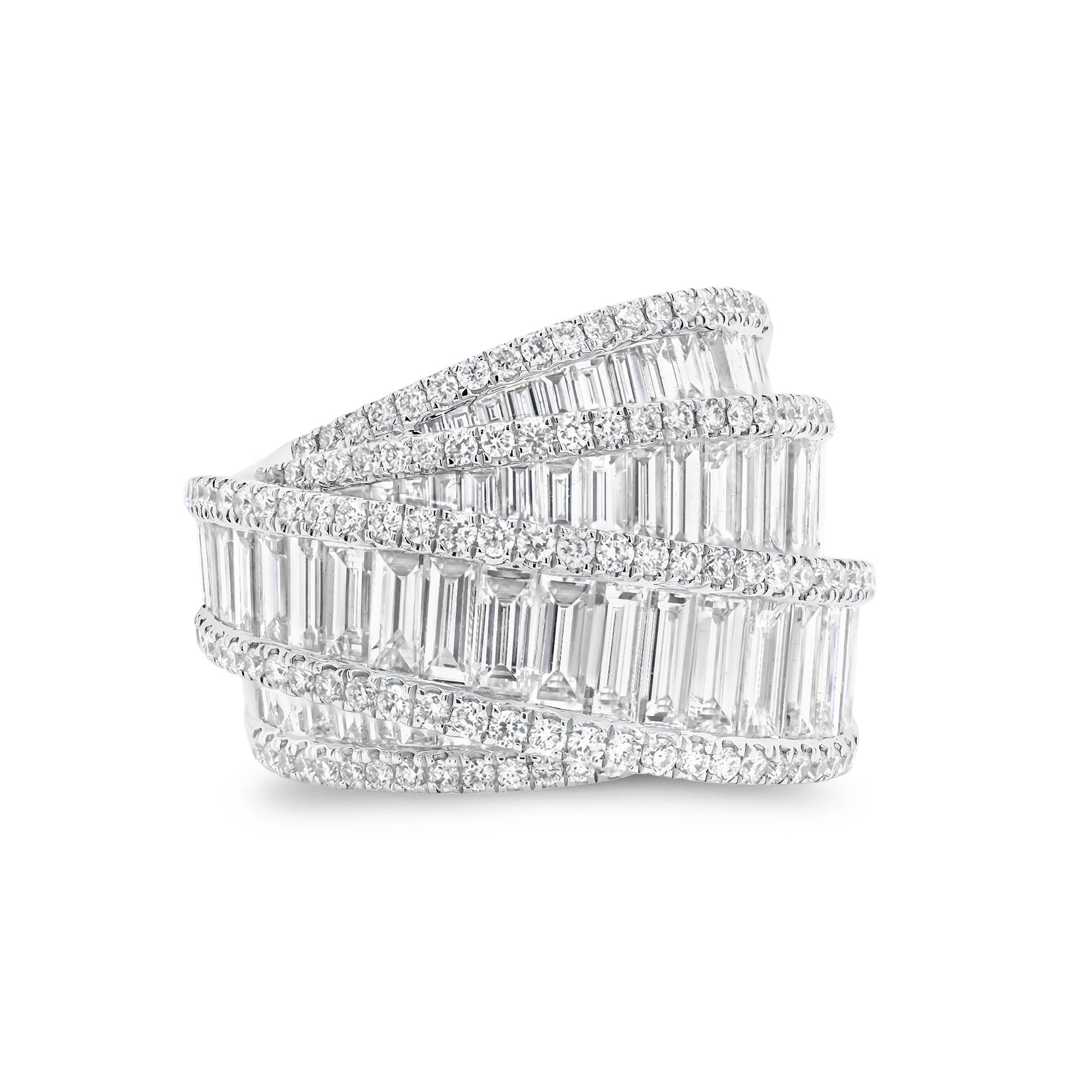 Baguette & Round Diamond Crossover Cocktail Ring - 18K gold weighing 11.73 grams  - 121 round diamonds weighing 0.65 carats  - 61 slim baguettes weighing 2.90 carats