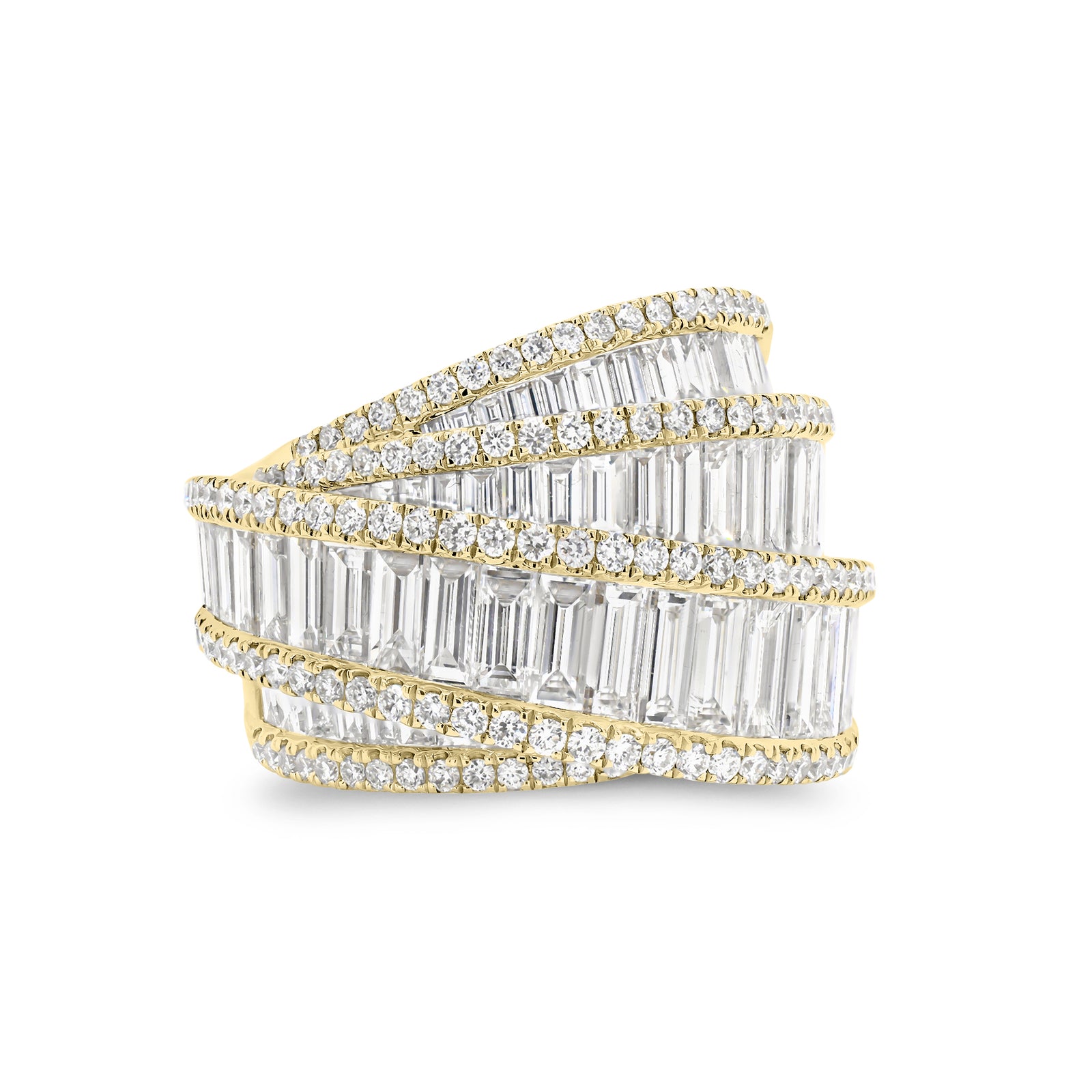 Baguette & Round Diamond Crossover Cocktail Ring - 18K gold weighing 11.73 grams  - 121 round diamonds weighing 0.65 carats  - 61 slim baguettes weighing 2.90 carats