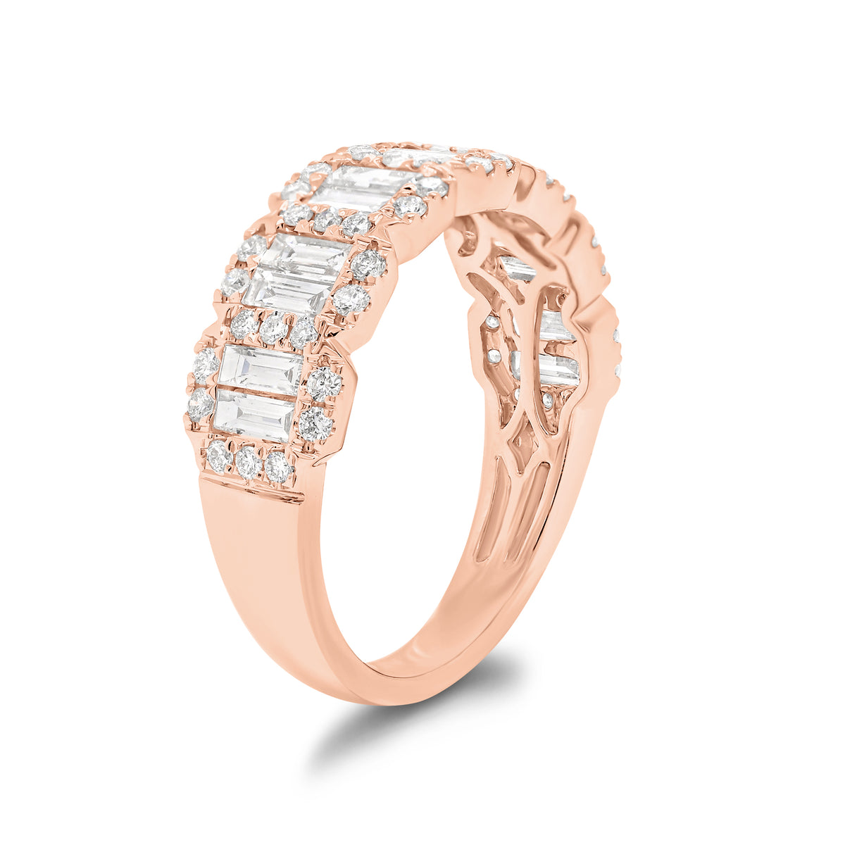 Emerald-Cut Diamond Halo Illusion Wedding Band - 18K gold weighing 3.61 grams  - 52 round diamonds weighing 0.34 carats  - 14 slim baguettes weighing 0.67 carats