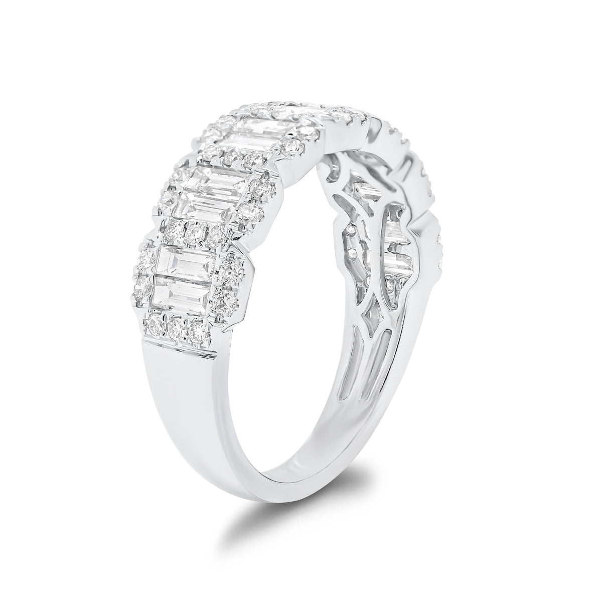 Emerald-Cut Diamond Halo Illusion Wedding Band - 18K gold weighing 3.61 grams  - 52 round diamonds weighing 0.34 carats  - 14 slim baguettes weighing 0.67 carats