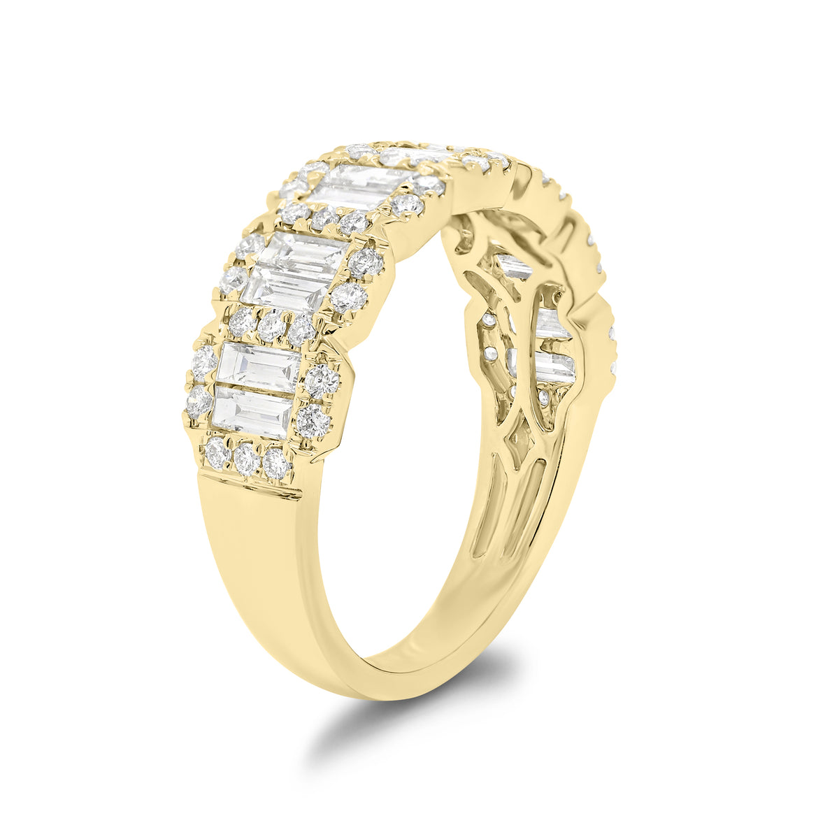 Emerald-Cut Diamond Halo Illusion Wedding Band - 18K gold weighing 3.61 grams  - 52 round diamonds weighing 0.34 carats  - 14 slim baguettes weighing 0.67 carats