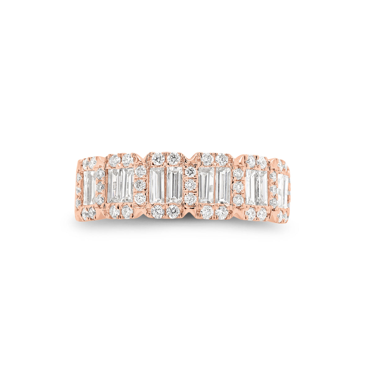 Emerald-Cut Diamond Halo Illusion Wedding Band - 18K gold weighing 3.61 grams  - 52 round diamonds weighing 0.34 carats  - 14 slim baguettes weighing 0.67 carats