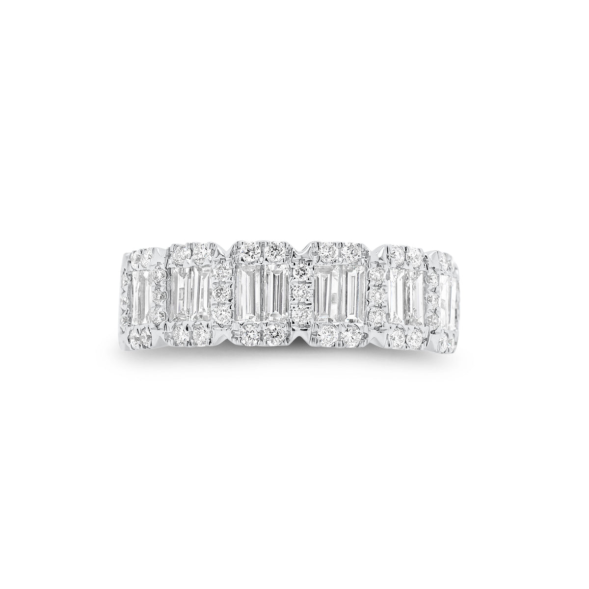 Emerald-Cut Diamond Halo Illusion Wedding Band - 18K gold weighing 3.61 grams  - 52 round diamonds weighing 0.34 carats  - 14 slim baguettes weighing 0.67 carats