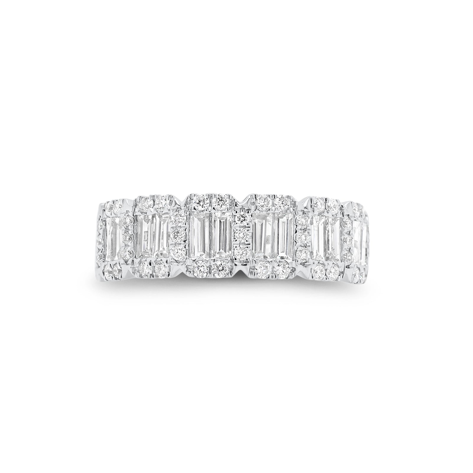Emerald-Cut Diamond Halo Illusion Wedding Band - 18K gold weighing 3.61 grams  - 52 round diamonds weighing 0.34 carats  - 14 slim baguettes weighing 0.67 carats