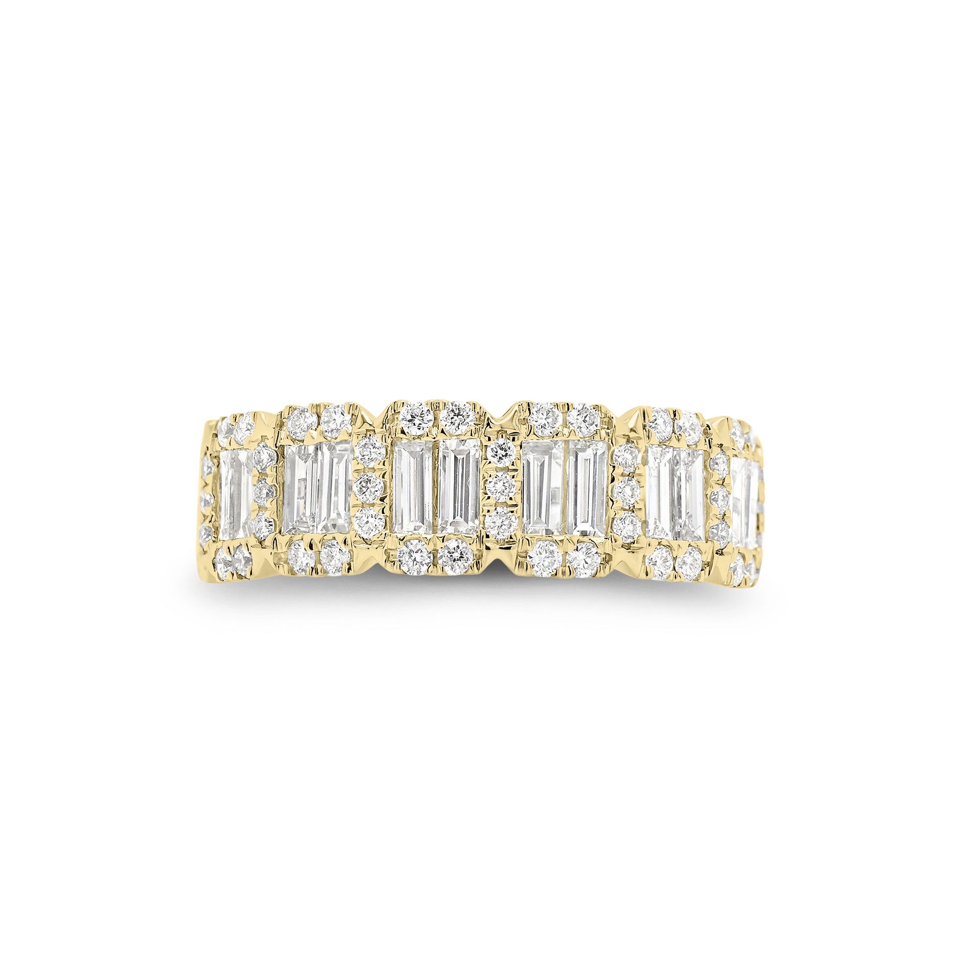 Emerald-Cut Diamond Halo Illusion Wedding Band - 18K gold weighing 3.61 grams  - 52 round diamonds weighing 0.34 carats  - 14 slim baguettes weighing 0.67 carats