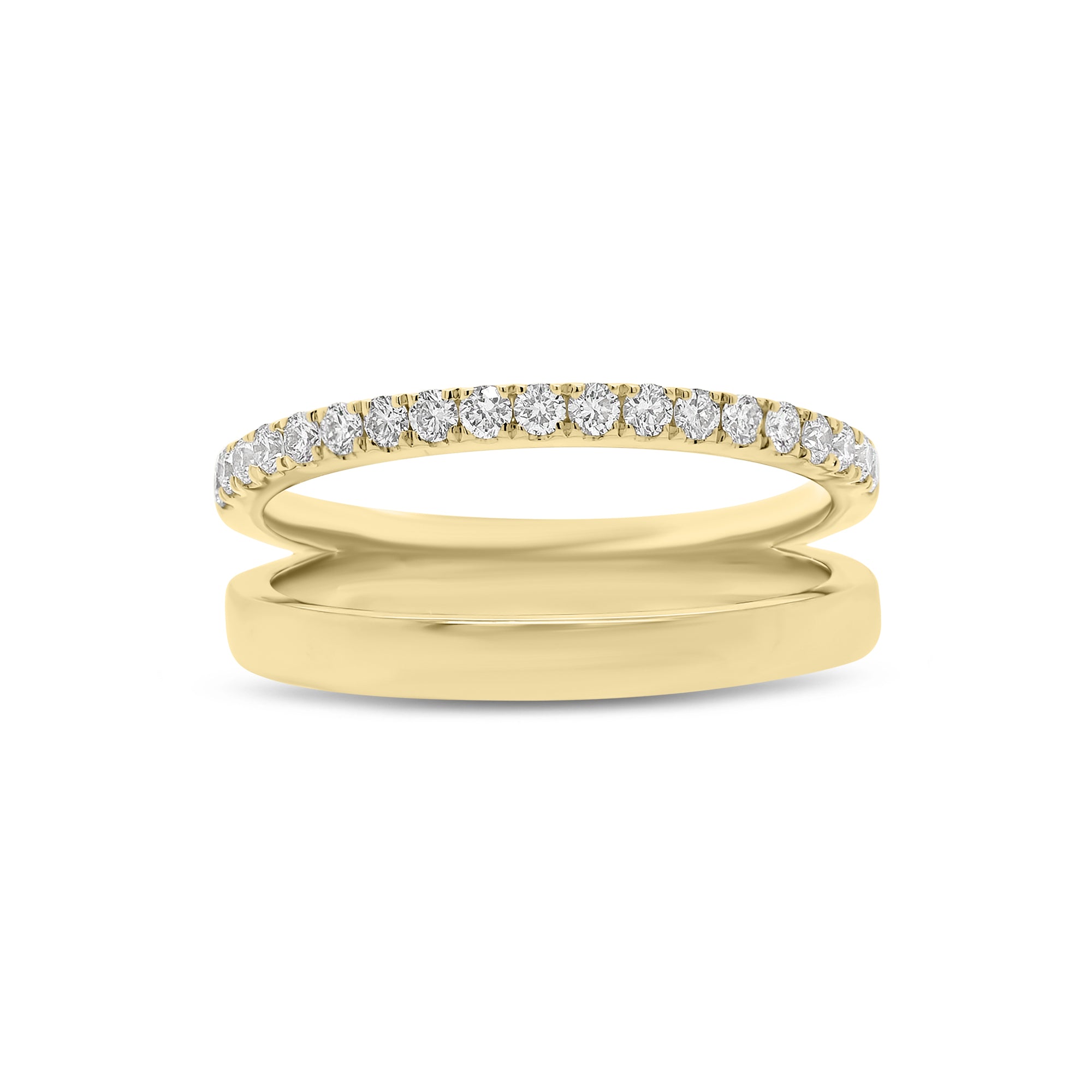 Diamond Double-Banded Open Ring - 14K gold weighing 3.74 grams  - 19 round diamonds weighing 0.28 carats