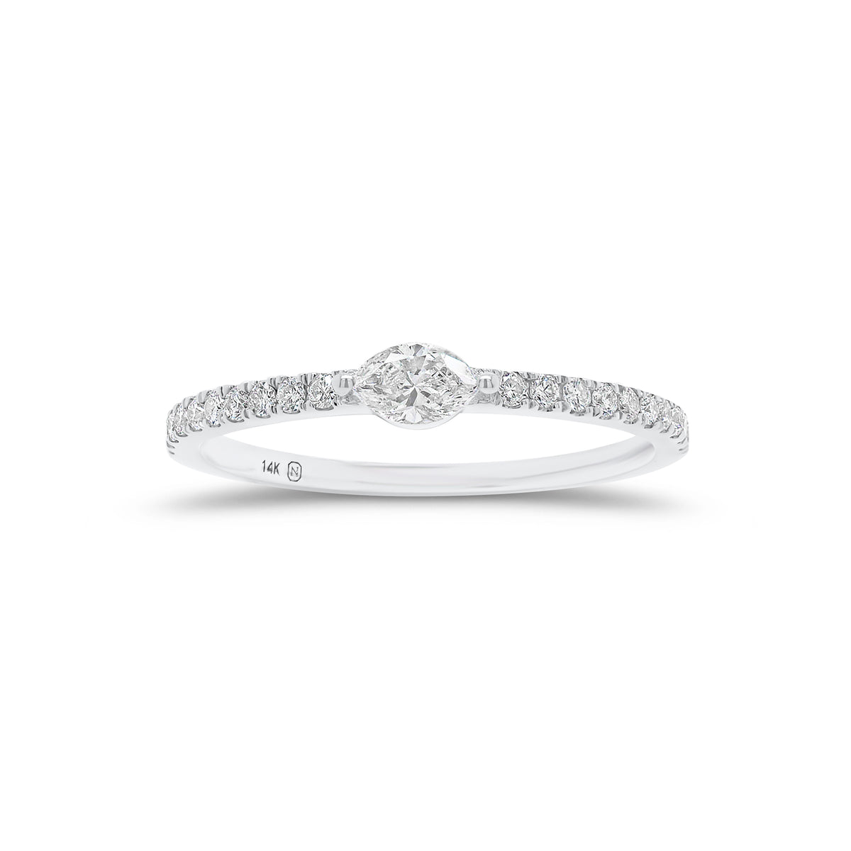 Marquise Diamond Petite Ring - 14K gold weighing 1.21 grams - 0.13 ct marquise-shaped diamond - 20 round diamonds weighing 0.14 carats