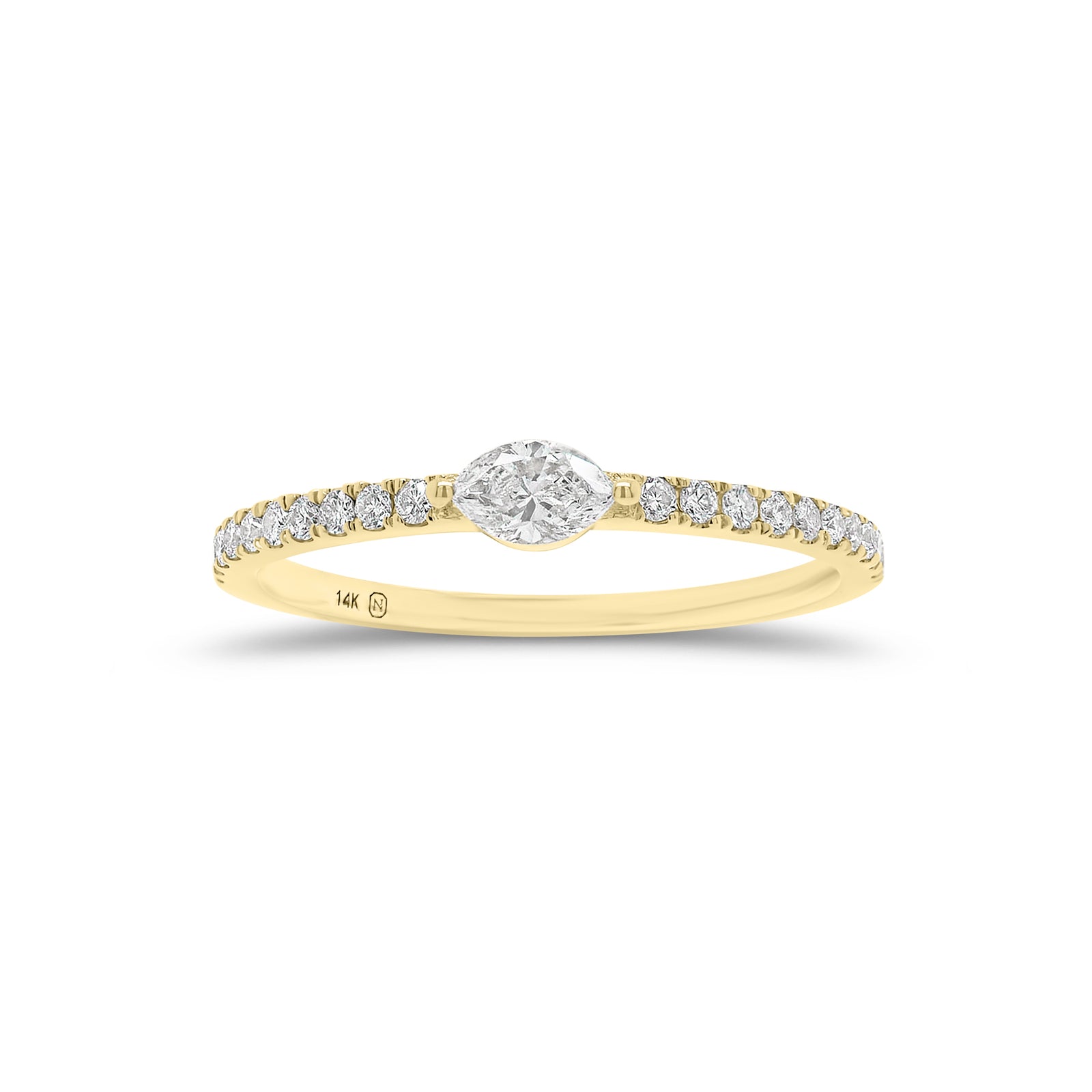 Marquise Diamond Petite Ring - 14K gold weighing 1.21 grams  - 0.13 ct marquise-shaped diamond  - 20 round diamonds weighing 0.14 carats
