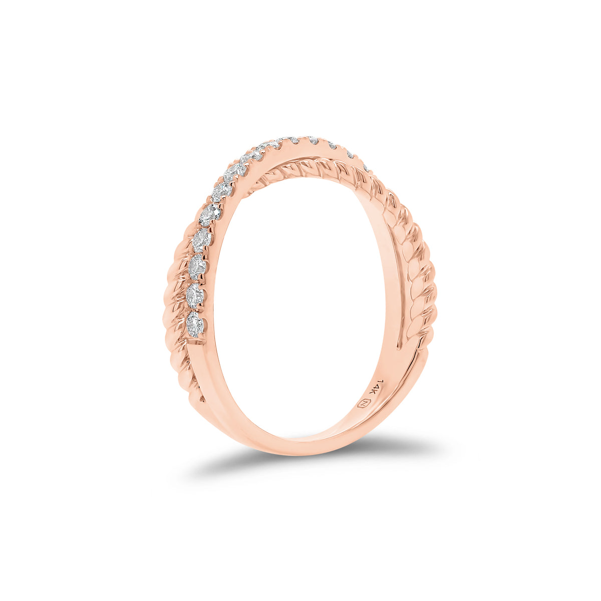 Diamond & Twisted Gold Crossover Ring - 14K gold weighing 2.57 grams - 19 round diamonds weighing 0.34 carats