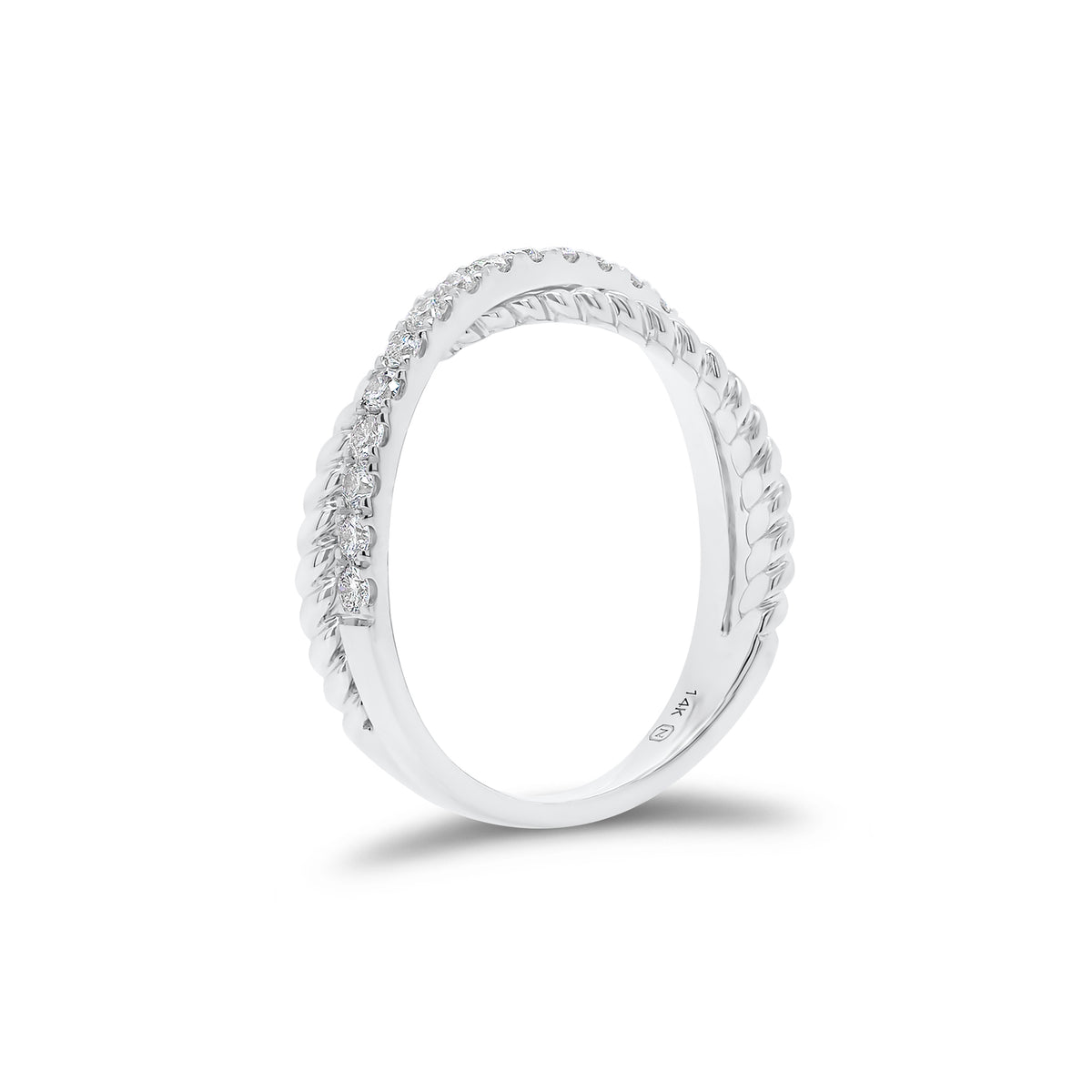 Diamond & Twisted Gold Crossover Ring - 14K gold weighing 2.57 grams - 19 round diamonds weighing 0.34 carats