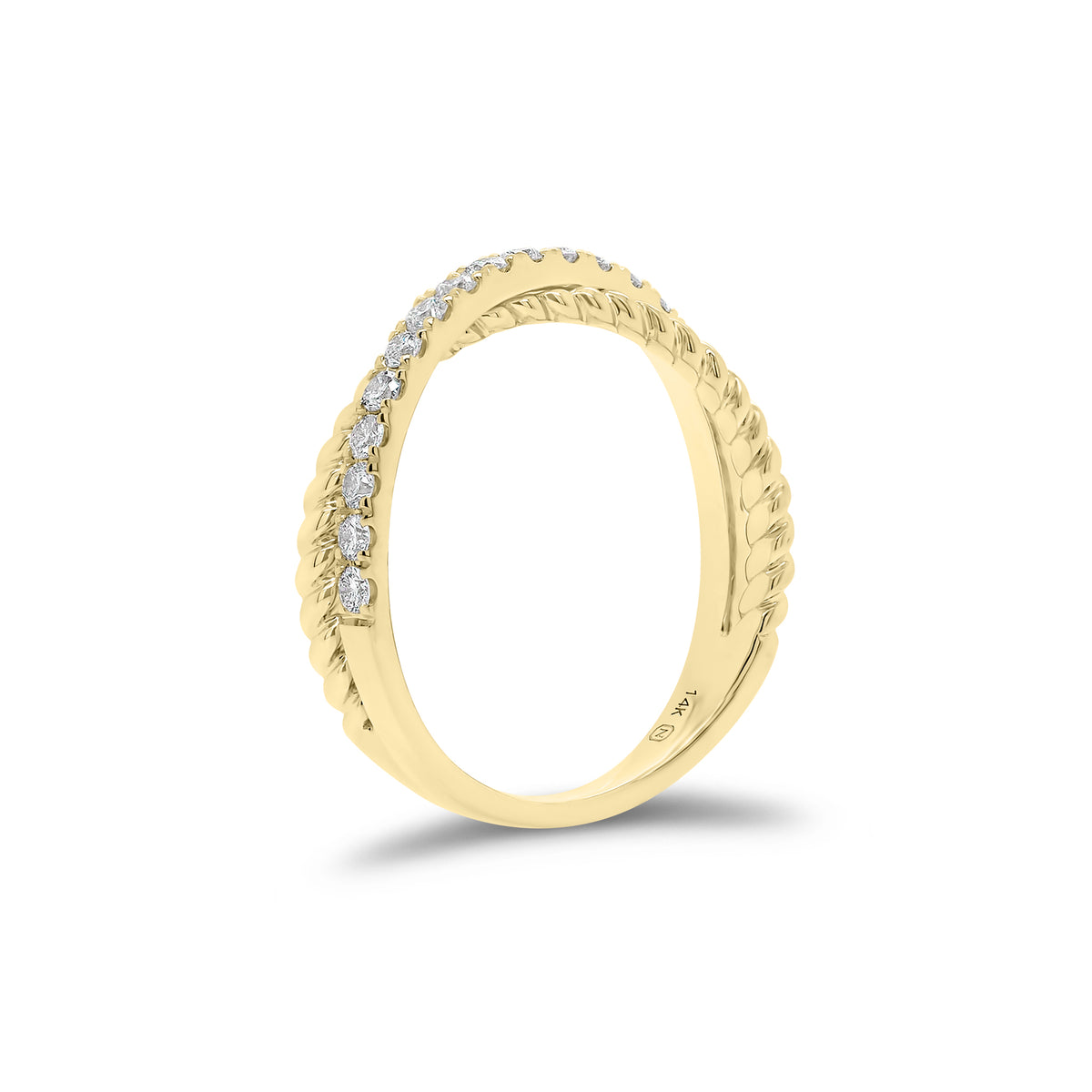 Diamond & Twisted Gold Crossover Ring - 14K gold weighing 2.57 grams - 19 round diamonds weighing 0.34 carats