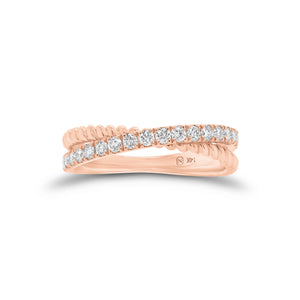 Diamond & Twisted Gold Crossover Ring - 14K gold weighing 2.57 grams - 19 round diamonds weighing 0.34 carats