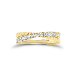 Diamond & Twisted Gold Crossover Ring - 14K gold weighing 2.57 grams  - 19 round diamonds weighing 0.34 carats