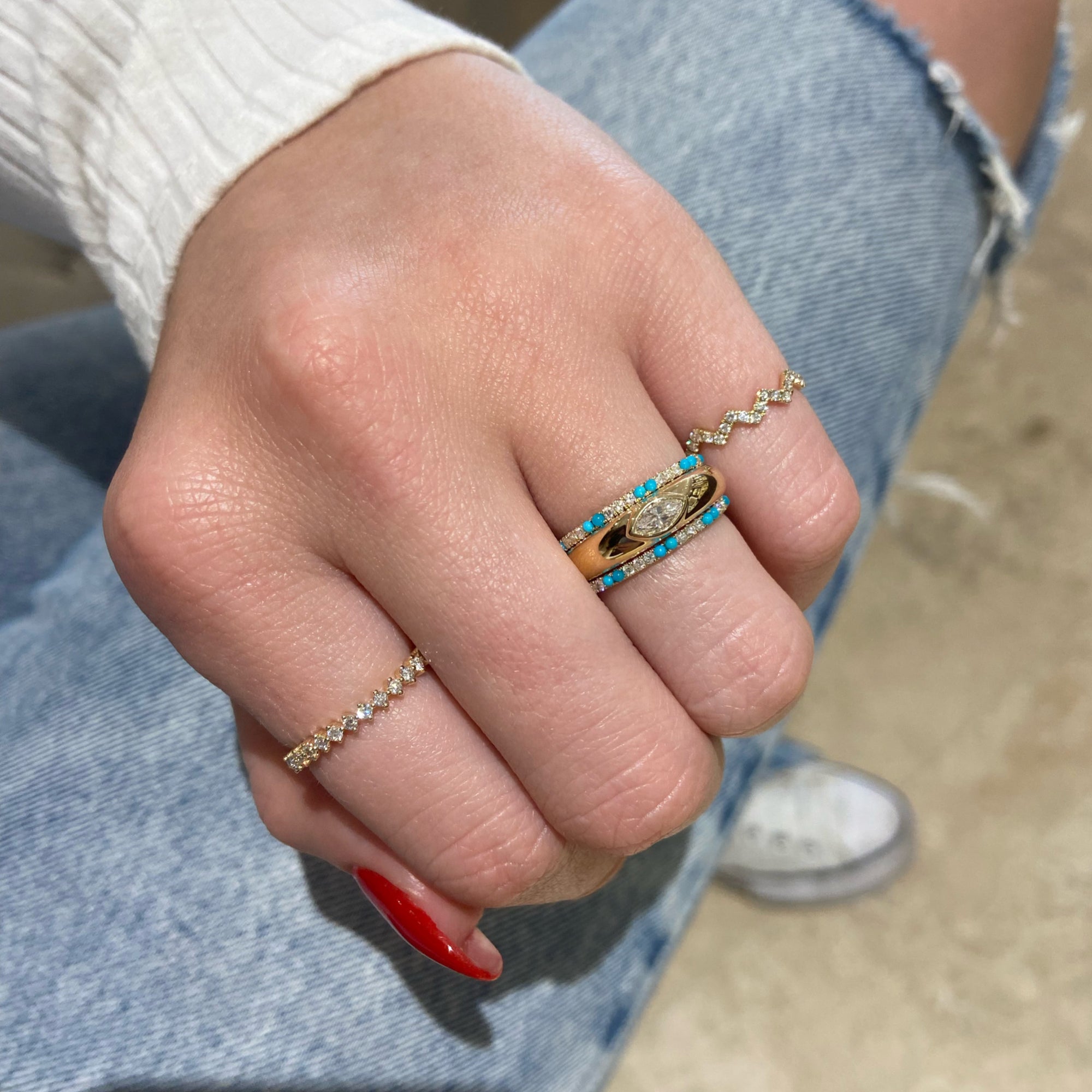 Turquoise & Diamond Stackable Ring - 14K gold weighing 0.67 grams  - 27 round diamonds weighing 0.20 carats  - 18 turquoise cabochons weighing 0.25 carats