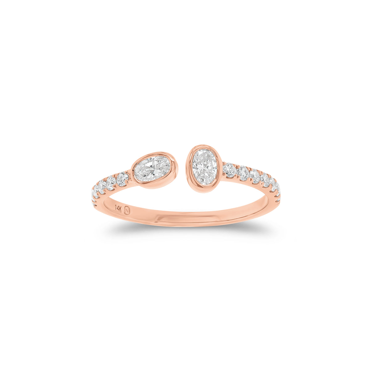 Bezel-Set Oval Diamond Open Ring - 14K gold weighing 1.38 grams - 2 oval diamonds weighing 0.26 carats - 13 round diamonds weighing 0.18 carats