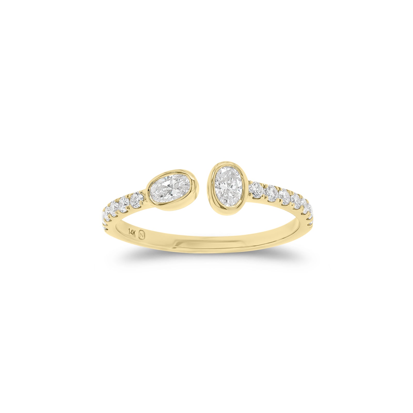 Bezel-Set Oval Diamond Open Ring - 14K gold weighing 1.38 grams  - 2 oval diamonds weighing 0.26 carats  - 13 round diamonds weighing 0.18 carats