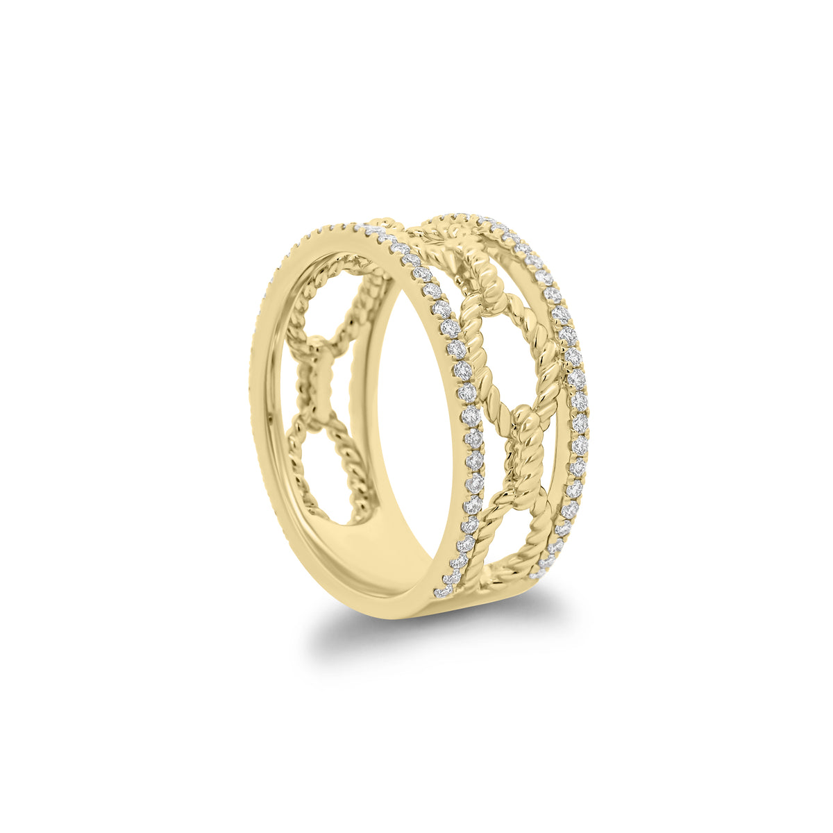 Diamond & Gold Rope Link Ring - 14K gold weighing 4.45 grams - 86 round diamonds weighing 0.40 carats