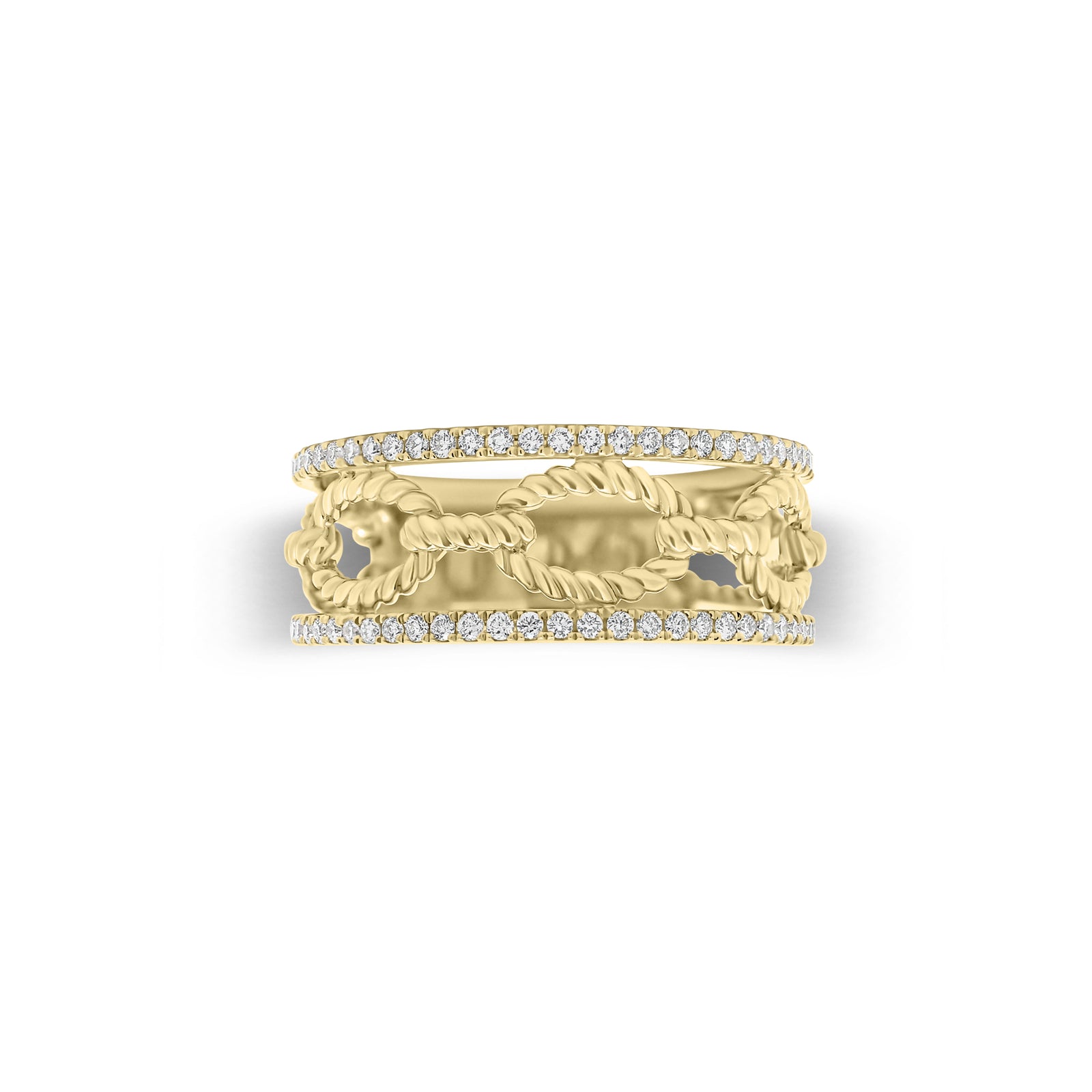 Diamond & Gold Rope Link Ring  - 14K gold weighing 4.45 grams  - 86 round diamonds weighing 0.40 carats