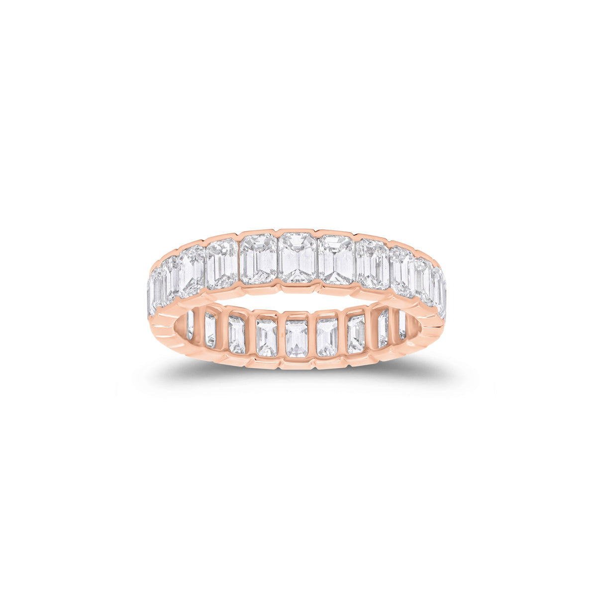 Bezel-set Emerald-cut diamond eternity ring - 18K gold weighing 1.97 grams
- 24 emerald-cut diamonds weighing 3.36 carats (GIA-graded F-color or better, VS2 clarity or higher)