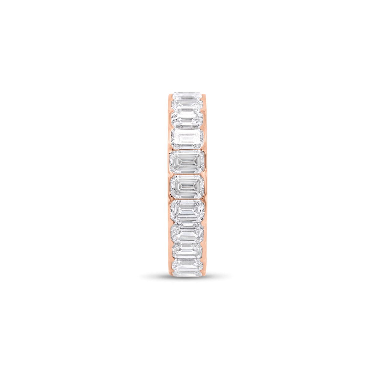 Bezel-set Emerald-cut diamond eternity ring - 18K gold weighing 1.97 grams
- 24 emerald-cut diamonds weighing 3.36 carats (GIA-graded F-color or better, VS2 clarity or higher)