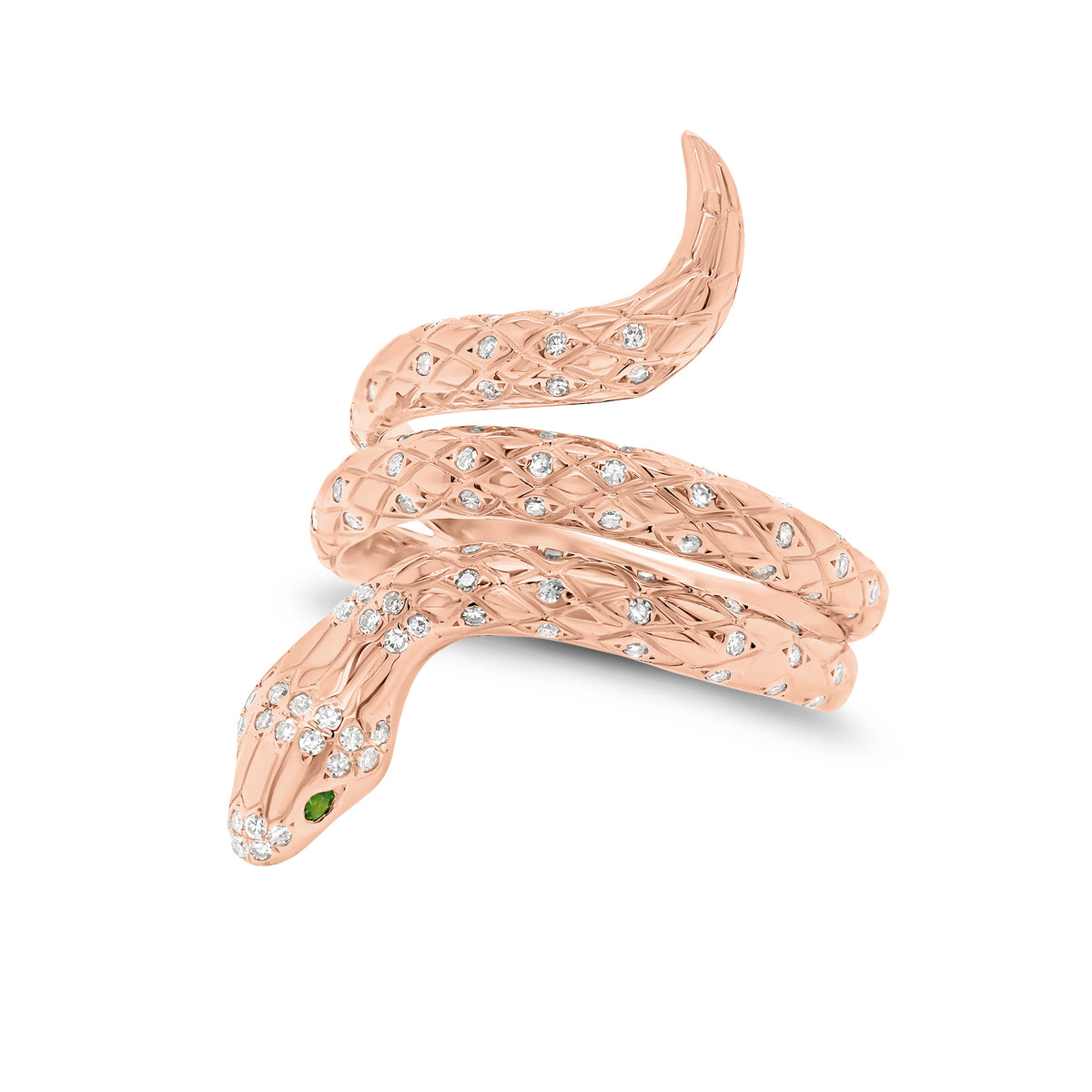 Diamond & Emerald Serpent Ring - 14K gold weighing 5.92 grams - 95 round diamonds weighing 0.28 carats - 2 emeralds weighing 0.01 carats