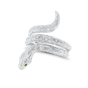 Diamond & Emerald Serpent Ring - 14K gold weighing 5.92 grams - 95 round diamonds weighing 0.28 carats - 2 emeralds weighing 0.01 carats