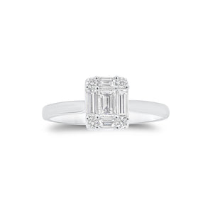 Emerald-Cut Diamond Illusion Engagement Ring - 18K gold weighing 2.66 grams  - 0.19 ct emerald-cut diamond  - 4 round diamonds weighing 0.07 carats  - 4 straight baguettes weighing 0.27 carats