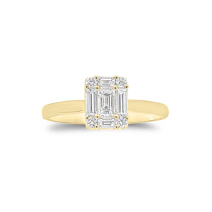Emerald-Cut Diamond Illusion Engagement Ring - 18K gold weighing 2.66 grams  - 0.19 ct emerald-cut diamond  - 4 round diamonds weighing 0.07 carats  - 4 straight baguettes weighing 0.27 carats