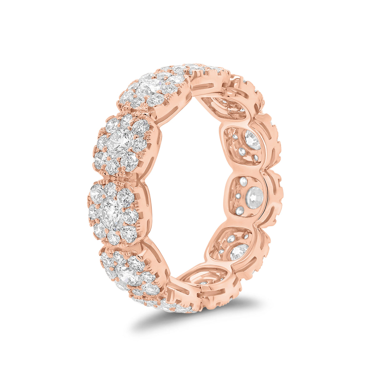 Diamond cushion-style halo eternity ring -18K gold weighing 4.18 grams  -11 round diamonds totaling 0.98 carats  -88 round pave-set diamonds totaling 1.30 carats