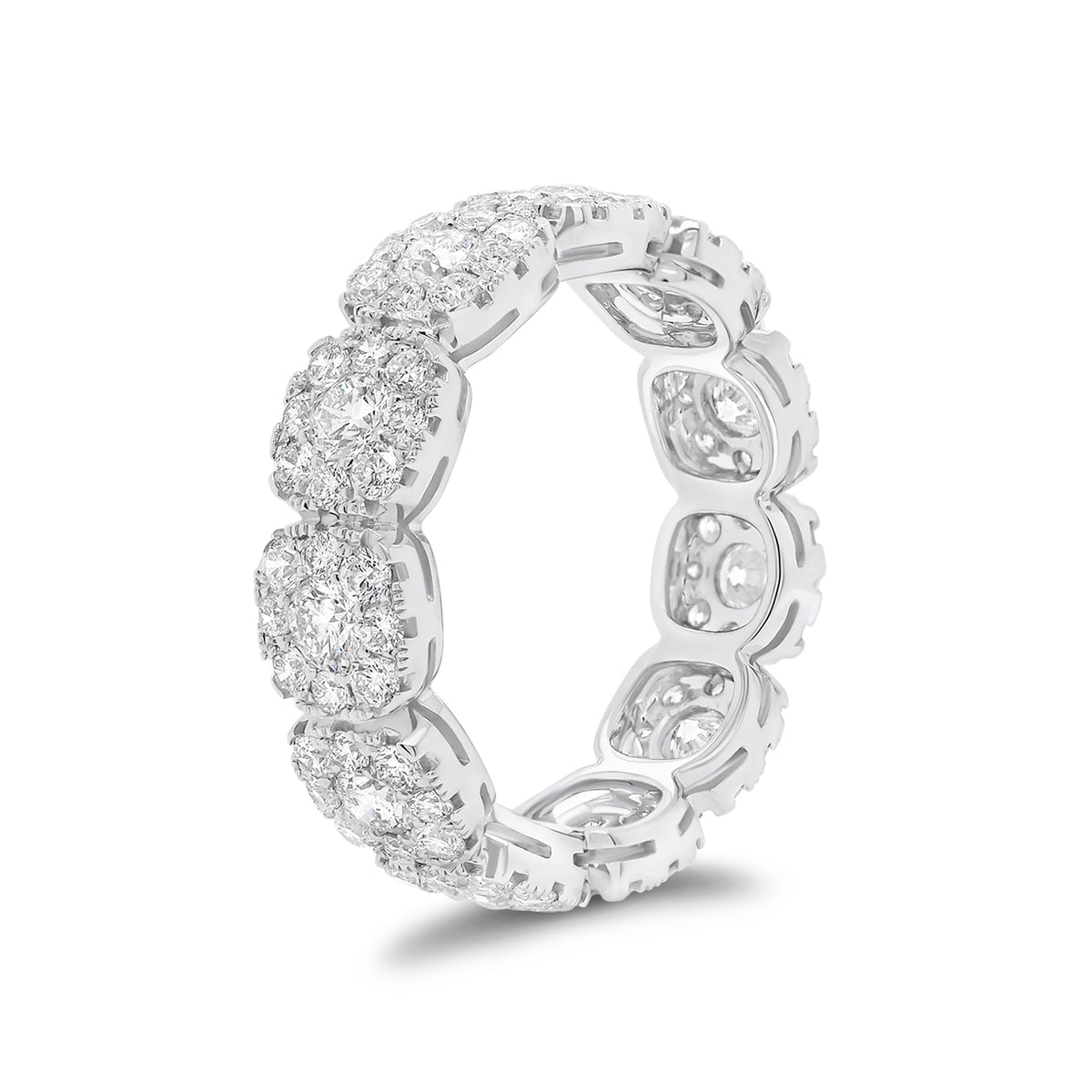 Diamond cushion-style halo eternity ring -18K gold weighing 4.18 grams  -11 round diamonds totaling 0.98 carats  -88 round pave-set diamonds totaling 1.30 carats