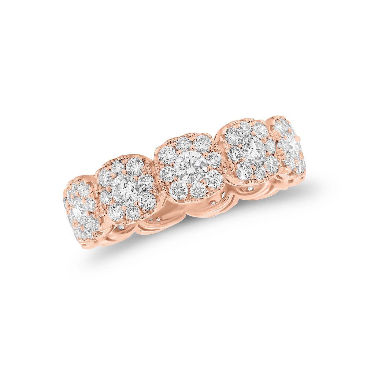 Diamond cushion-style halo eternity ring -18K gold weighing 4.18 grams  -11 round diamonds totaling 0.98 carats  -88 round pave-set diamonds totaling 1.30 carats