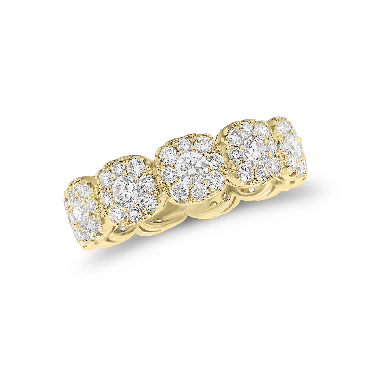 Diamond cushion-style halo eternity ring -18K gold weighing 4.18 grams  -11 round diamonds totaling 0.98 carats  -88 round pave-set diamonds totaling 1.30 carats