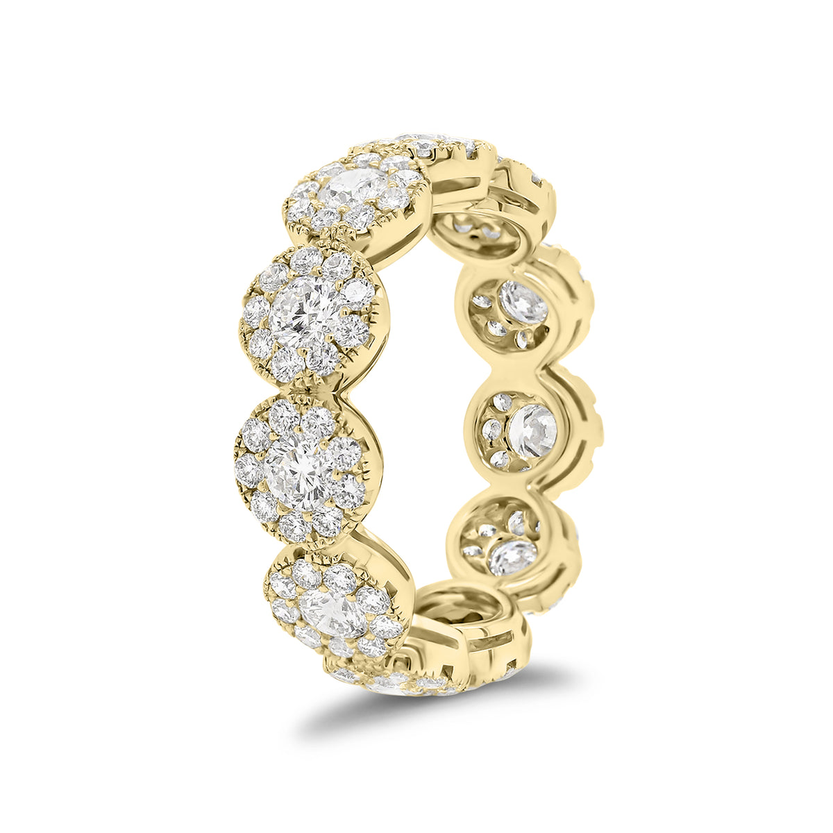 Diamond halo eternity ring -18K gold weighing 3.96 grams  -11 round diamonds totaling 1.18 carats  -99 round pave-set diamonds totaling 1.06 carats