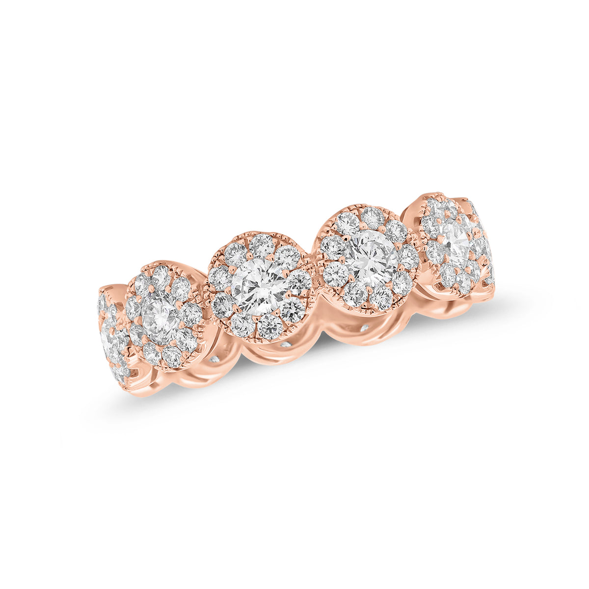 Diamond halo eternity ring -18K gold weighing 3.96 grams  -11 round diamonds totaling 1.18 carats  -99 round pave-set diamonds totaling 1.06 carats